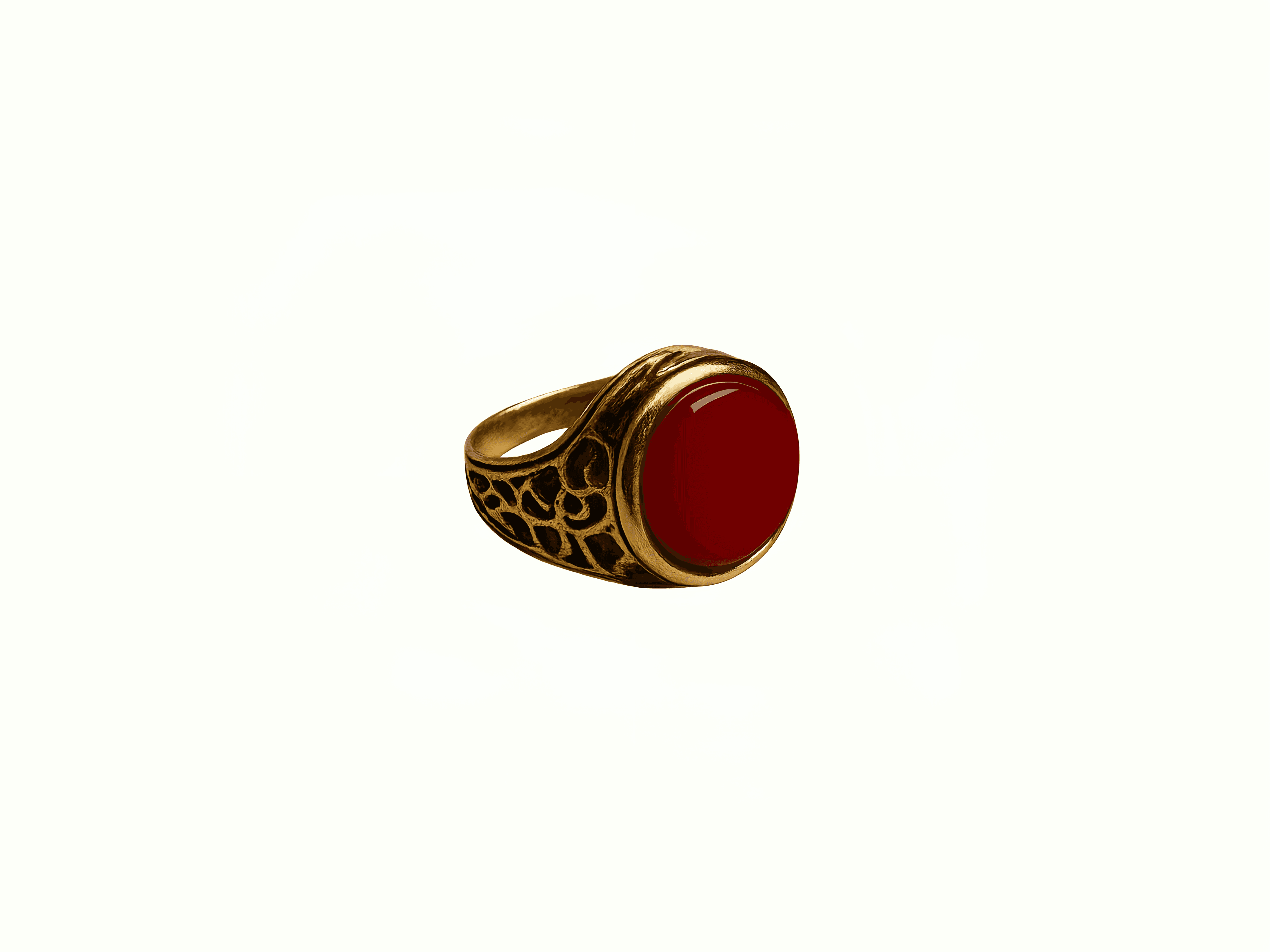 Crimson Relic Ring — dark red signet ring in antiqued gold